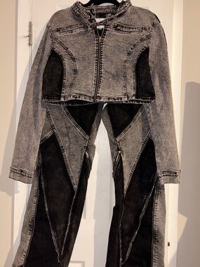 Two-Piece Acid Wash Denim Jacket and Paneled Jeans - Black & Gray